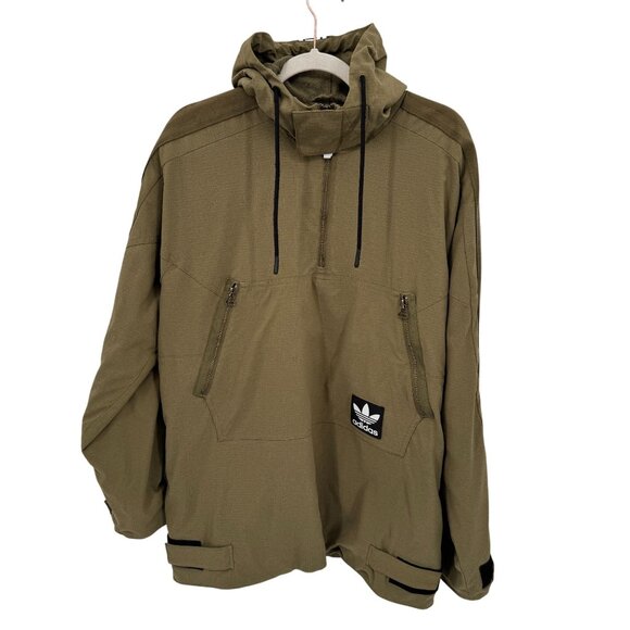 Adidas 1/4 Zip Pullover Jacket Mens Large Green‎ Nylon Pockets Hood - Picture 1 of 10